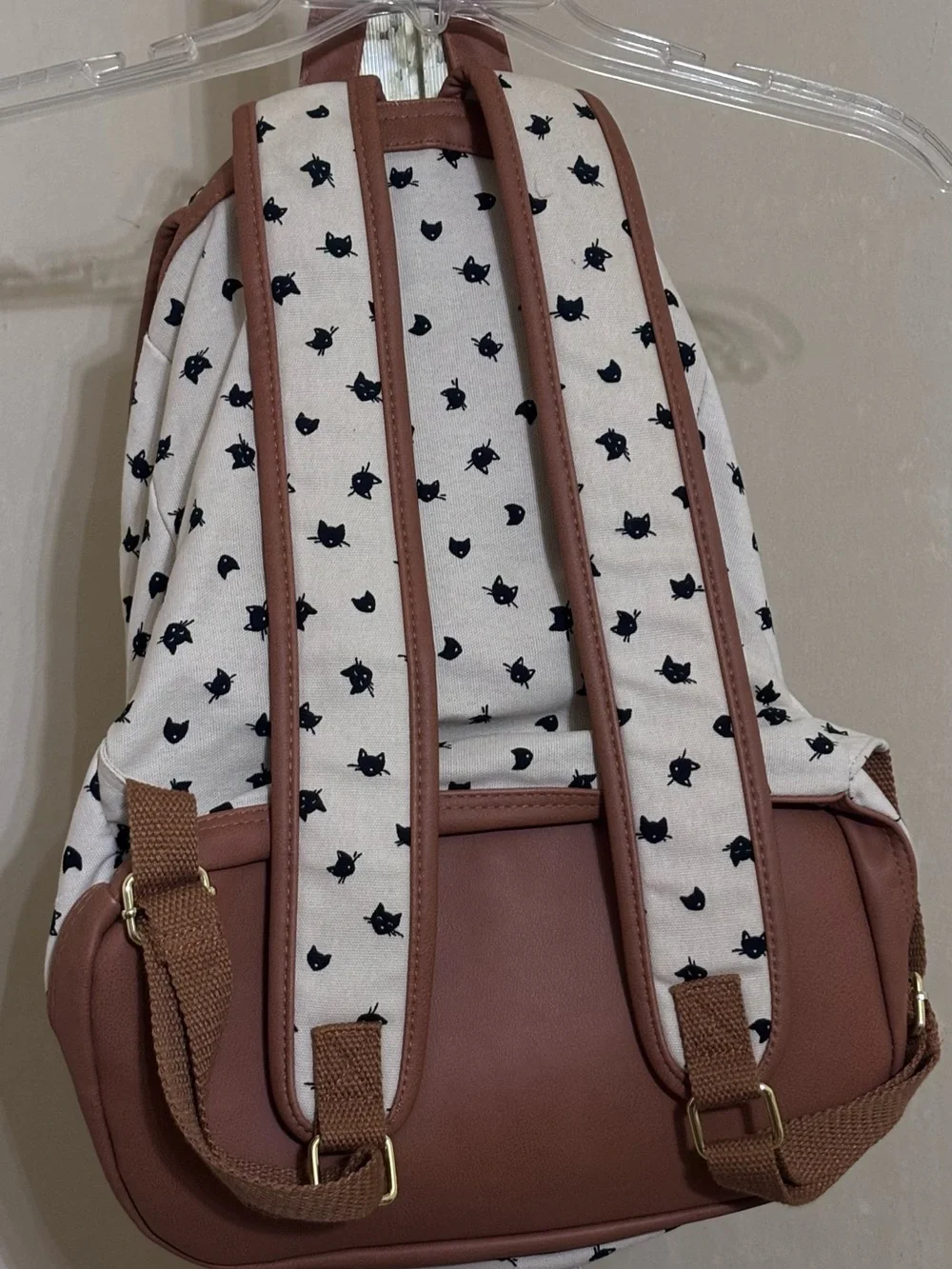 Canvas Cat Print Drawstring Backpack with Brown Faux Leather Trim